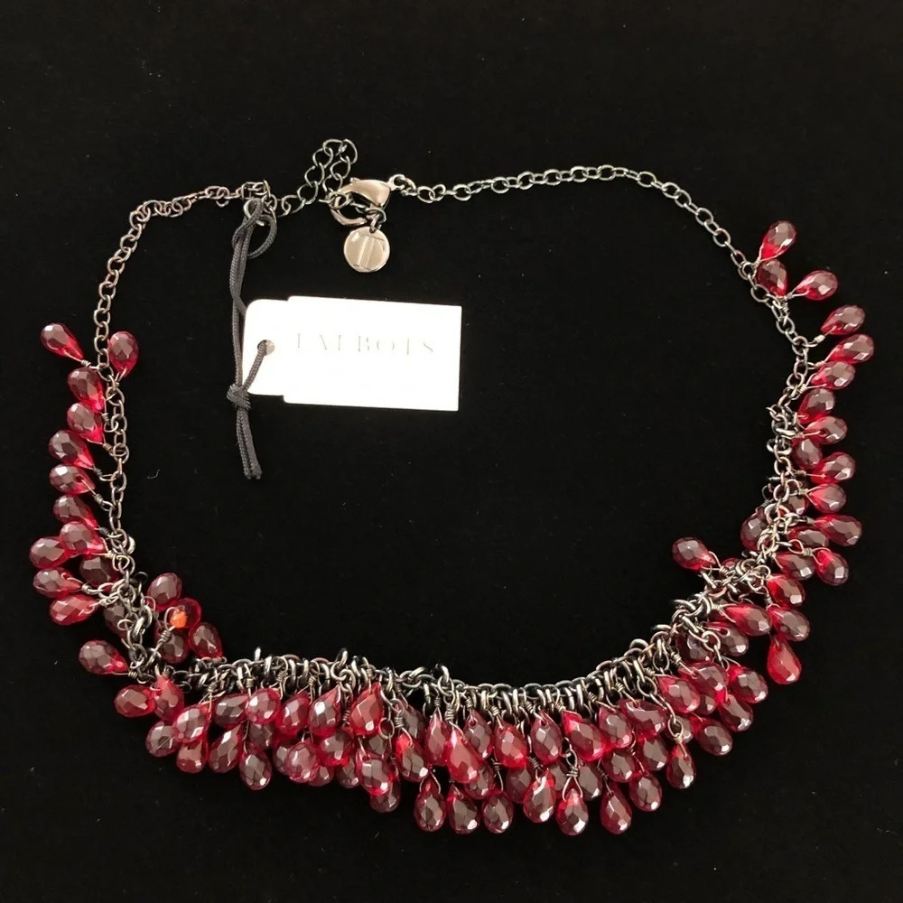 NWT Talbots Gunmetal Red Faceted Teardrop Beaded Necklace Statement New 14” Boho